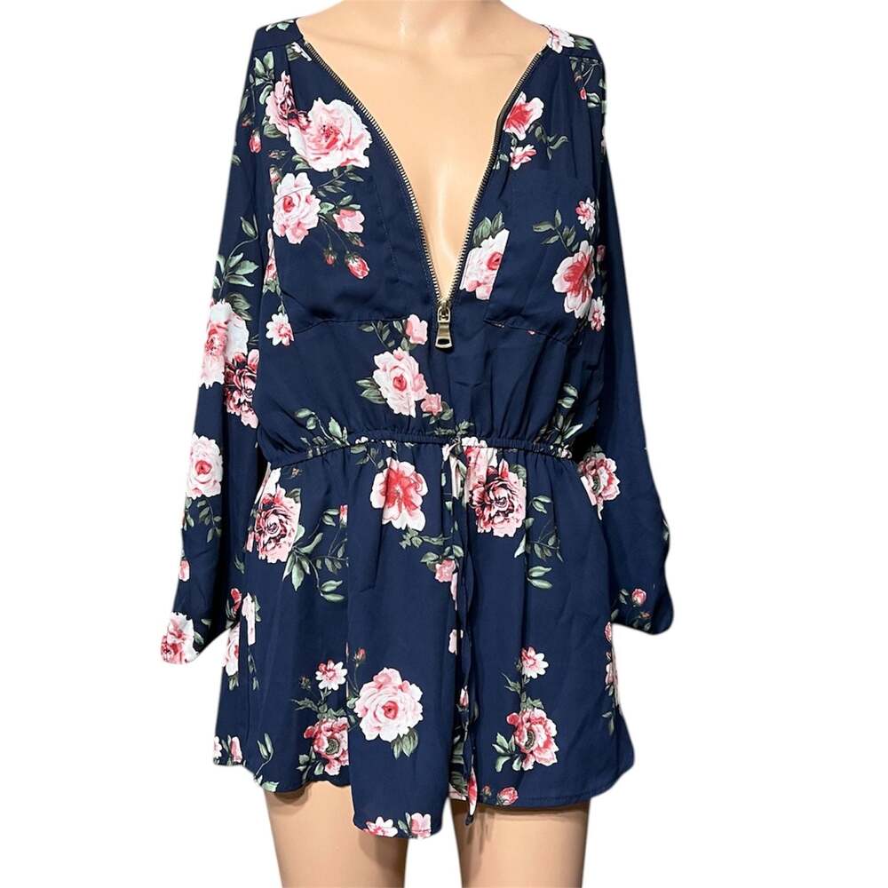 Wishful Park Navy Floral Long Sleeve Zip Front Romper Size L
